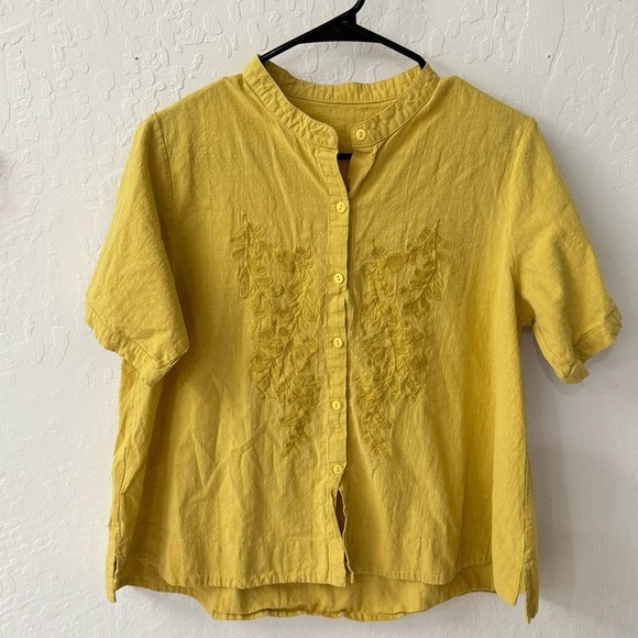 Tops - Yellow Linen Cotton Blend Boxy Embroidered Button Down Short Sleeve